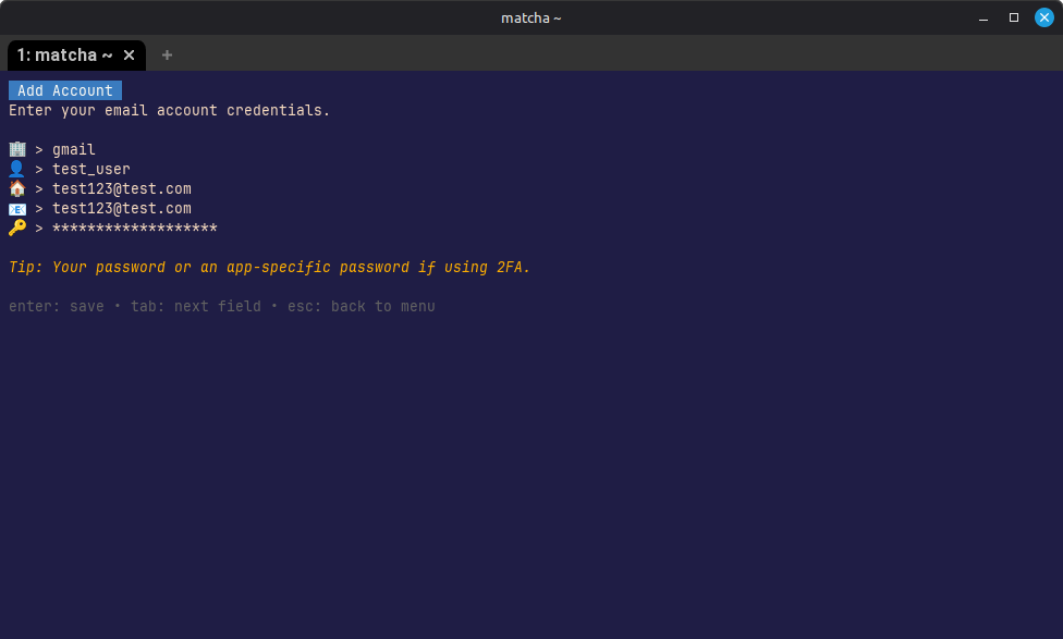 Enter Gmail and app password in Matcha